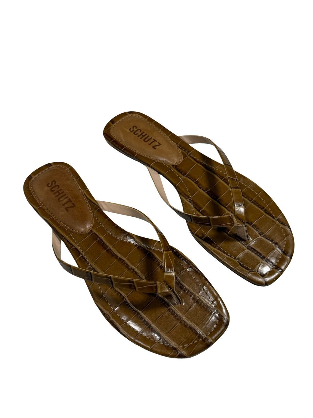 Schutz Brown Croc Embossed Leather Thong Sandals Flats Womens 8B Casual Summer